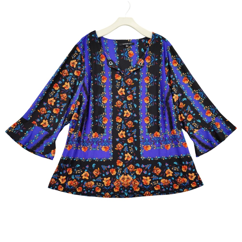 Zac & Rachel Woman Boho Cottagecore Blouse 2X Blue Floral Bell Sleeve Top